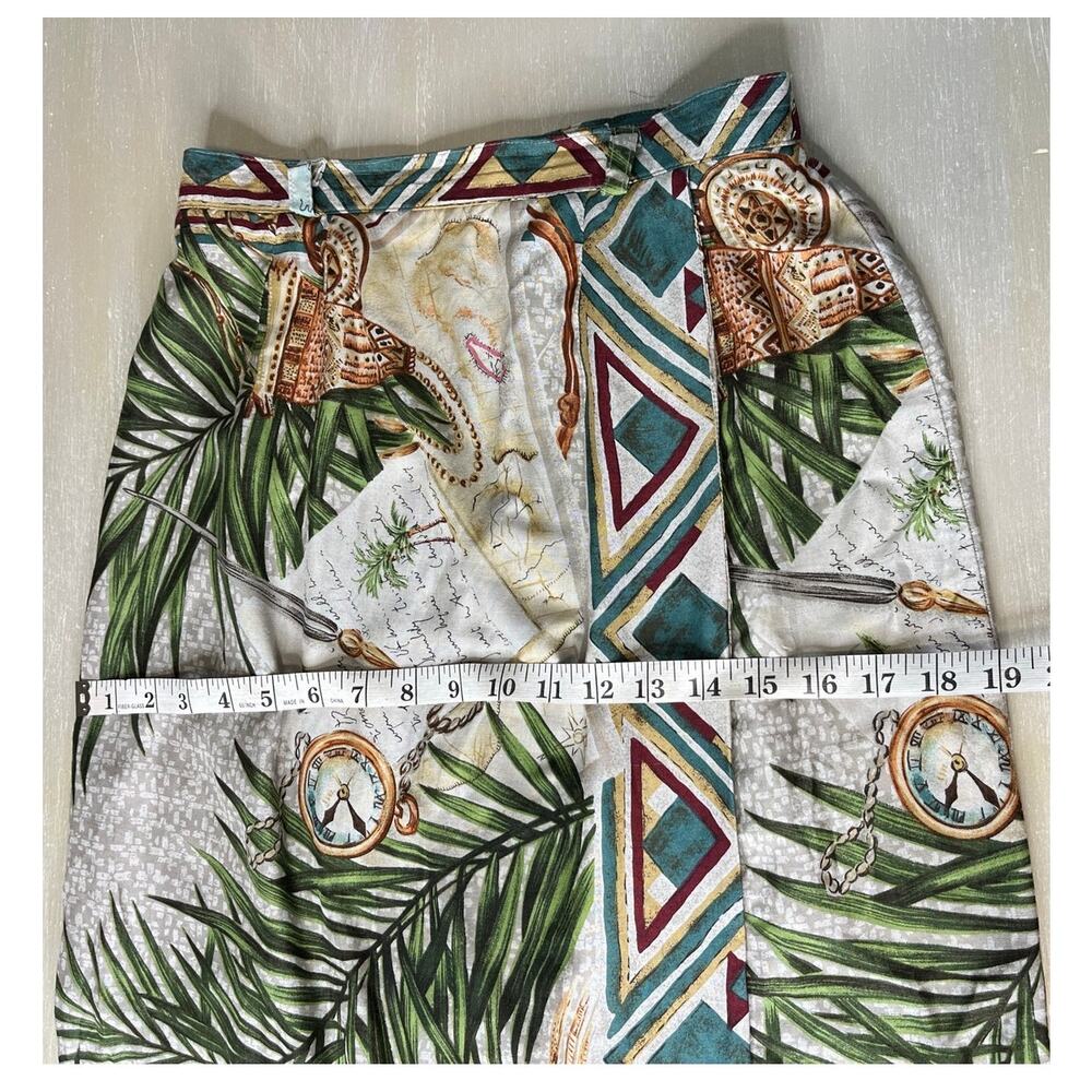 90's Sharon Young Tropical Print Boho Faux Wrap Skirt w/ Pocketwatch Design - Picture 7 of 10